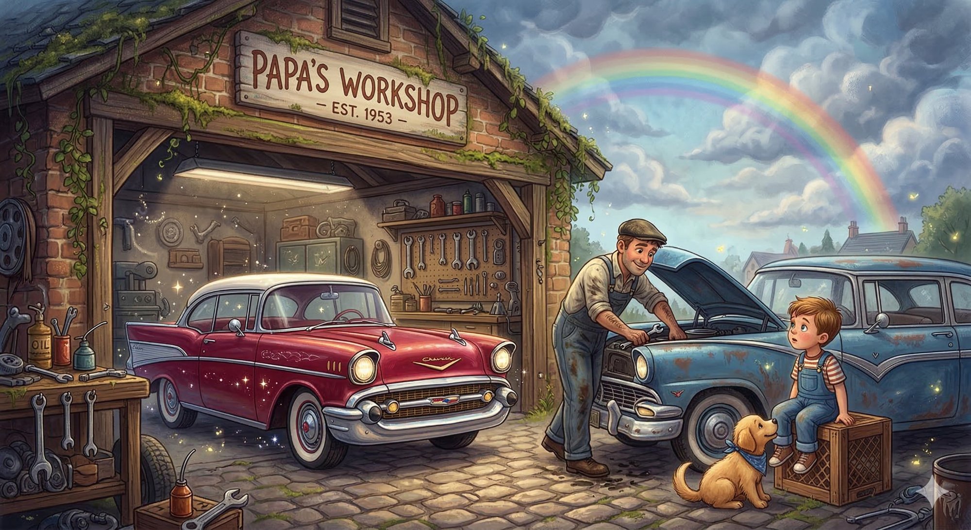 Solve 57 chevy boy and dad jigsaw puzzle online with 84 pieces