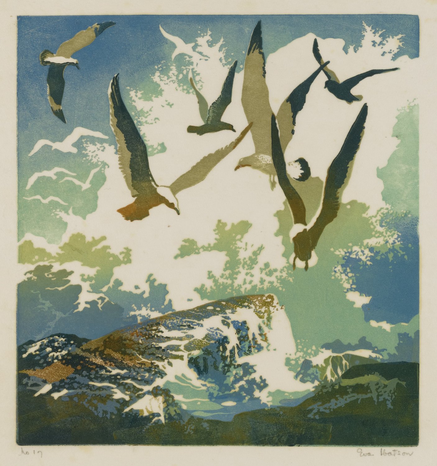 Solve Eva Auld Watson Gulls and Spray Colored Linoleum Cut jigsaw