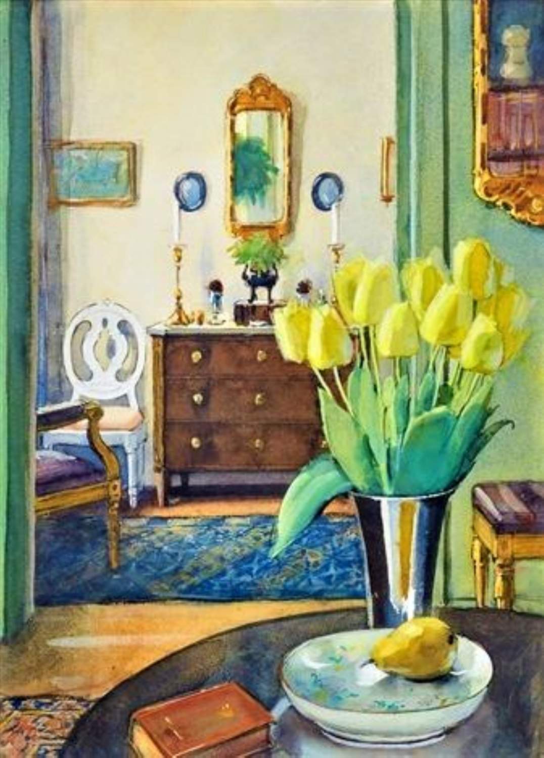 Solve Interior with Yellows Tulips in Silver Vase Olle Hjortzberg