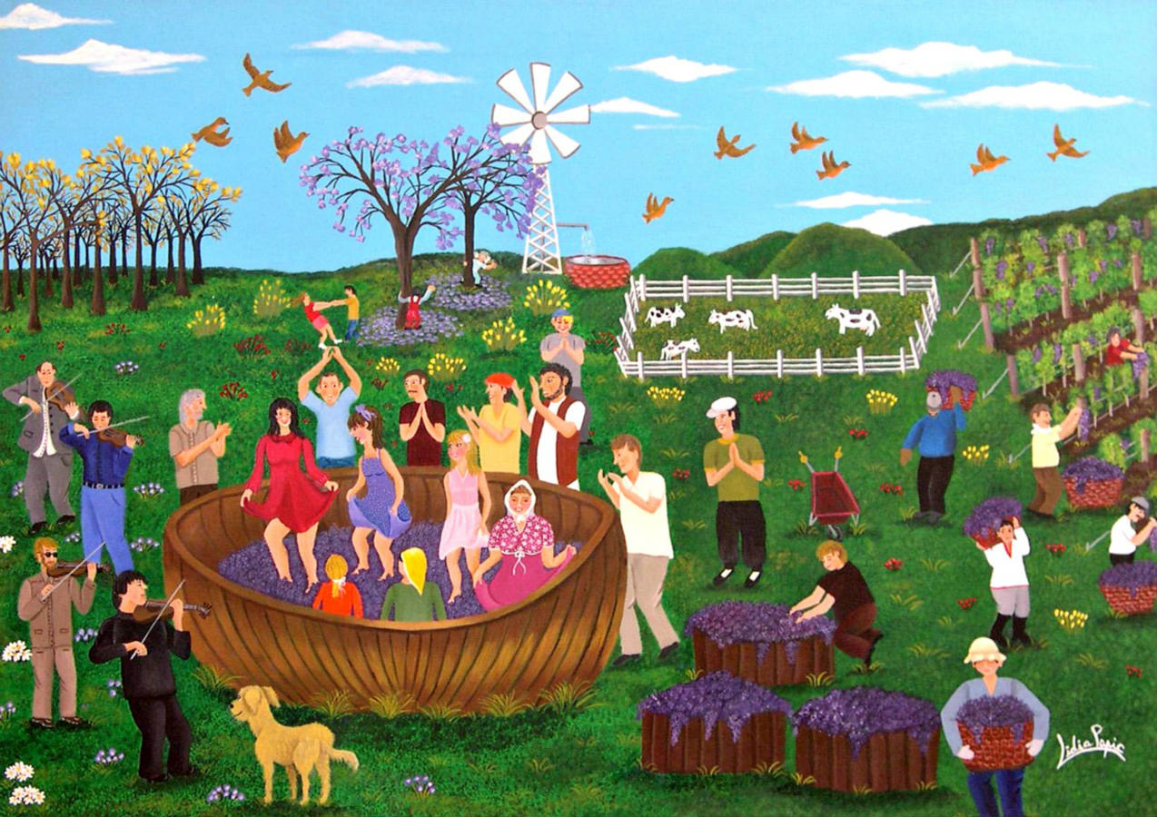 Solve Lidia Papic Pressing the Grapes jigsaw puzzle online with 117 pieces