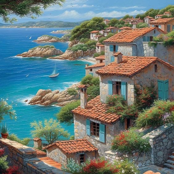 Solve Terra cotta village by the sea jigsaw puzzle online with 64 pieces