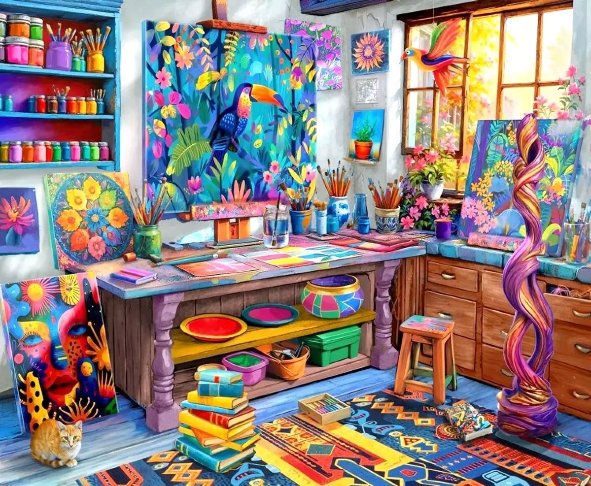 Puzzle Rys Solve Artists Studio jigsaw puzzle online with 99 pieces