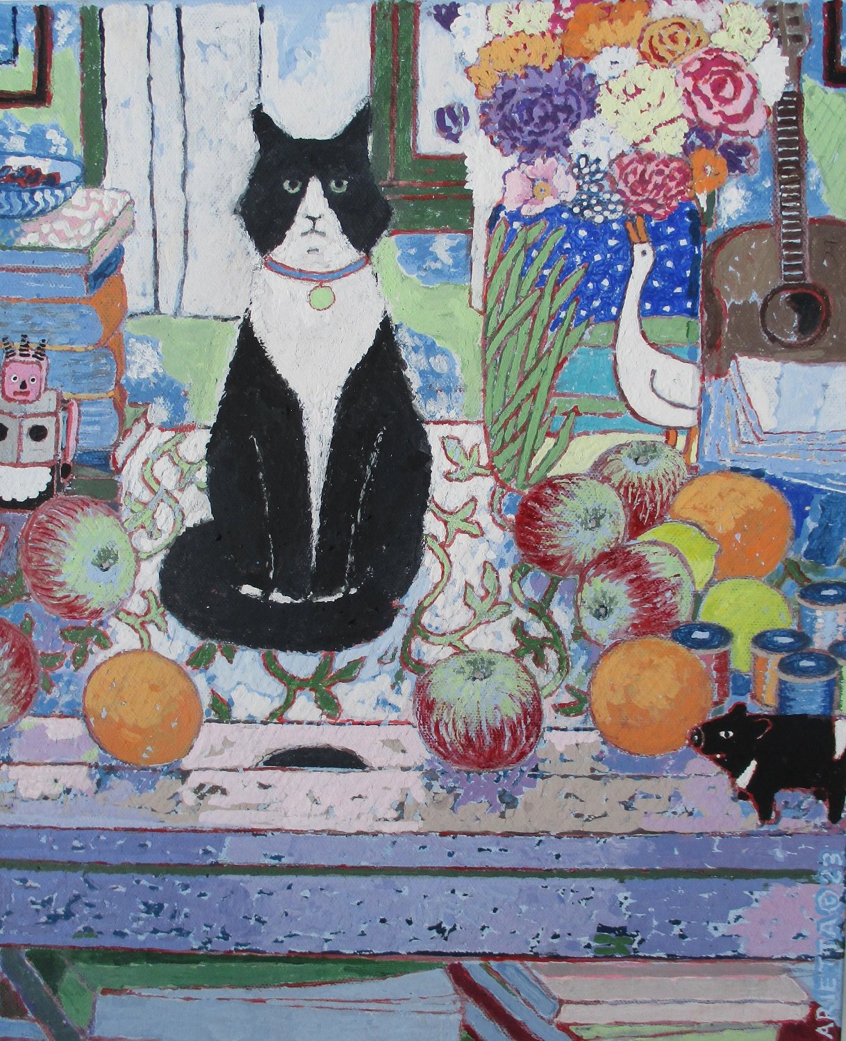 Solve Black and White Cat with Fruits and Flowers jigsaw puzzle online ...