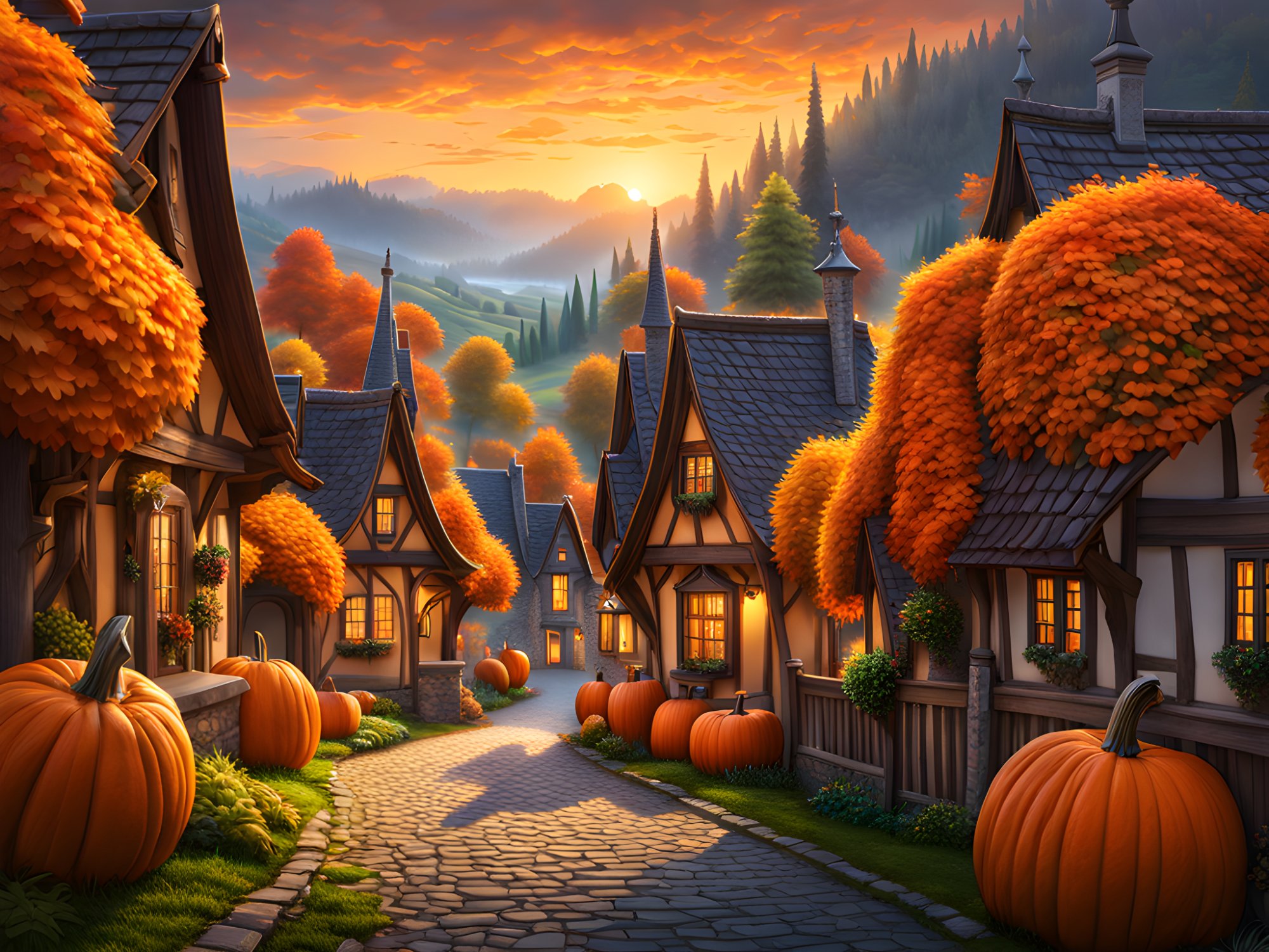 Solve Fall Autumn Town jigsaw puzzle online with 300 pieces