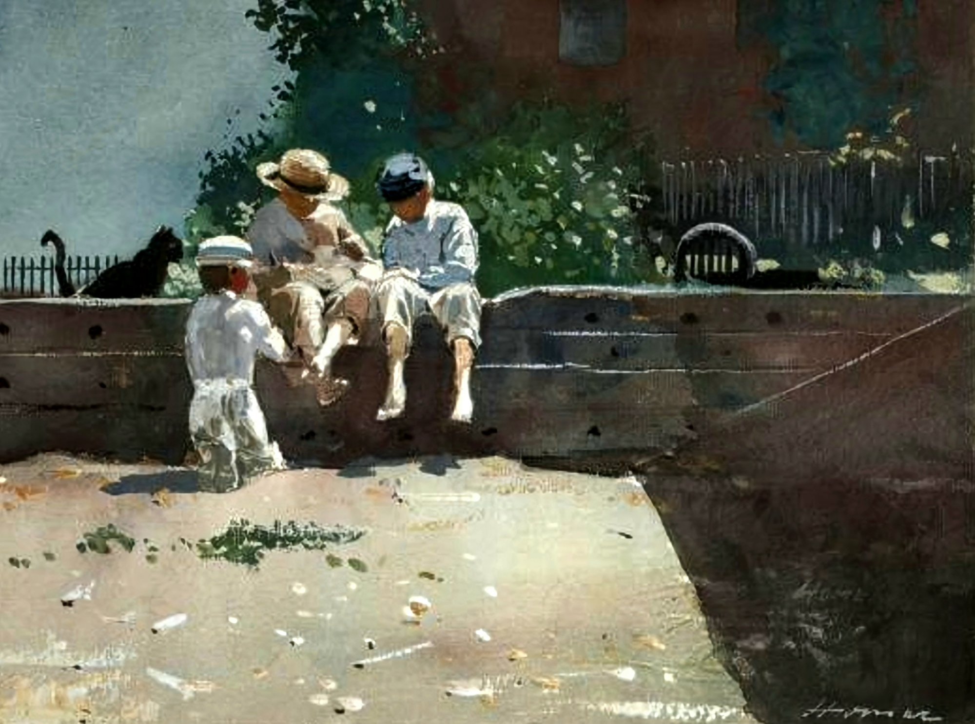 Solve Boys With Kitten And Black Cat jigsaw puzzle online with 130 pieces