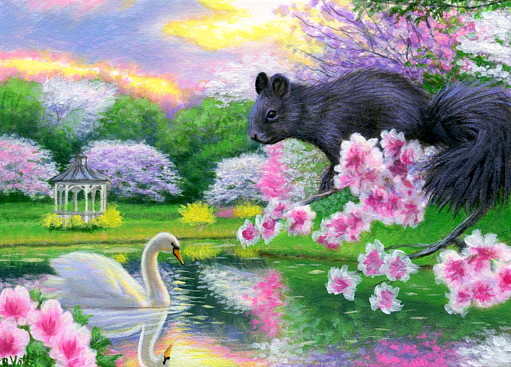 Squirrel Swan Solve Black squirrel and swan. jigsaw puzzle online with 48 pieces