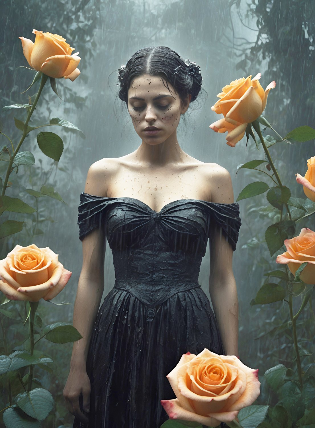 Solve Mexican garden, orange roses, gothic, rain and fog, Mexican woman