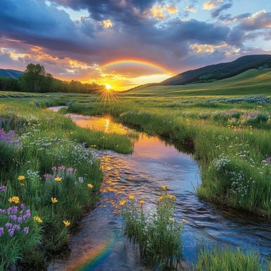 Stream Sunset Solve Sunset over stream jigsaw puzzle online with 100 pieces