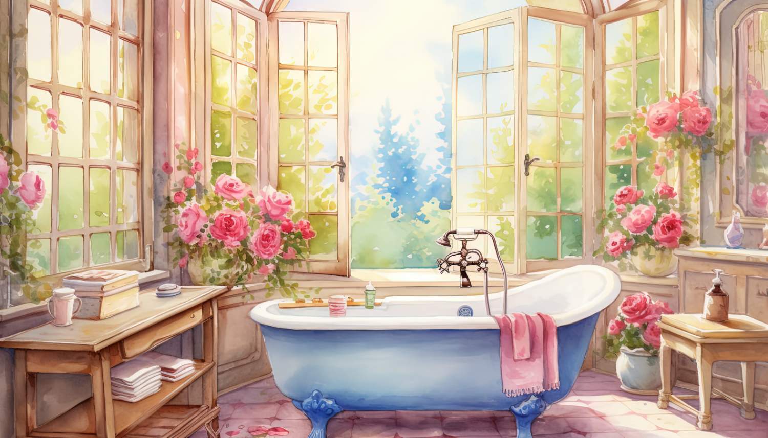 Solve Watercolor Country Bathroom jigsaw puzzle online with 66 pieces