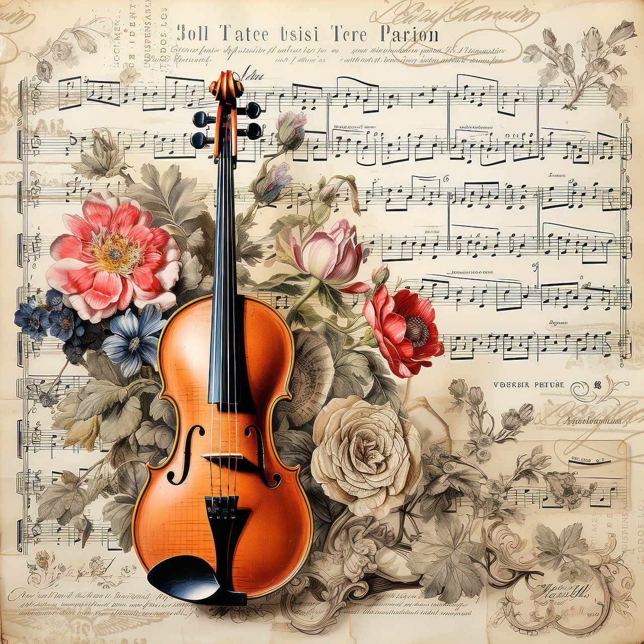 Solve Violin with Flowers and Sheet Music jigsaw puzzle online with 81