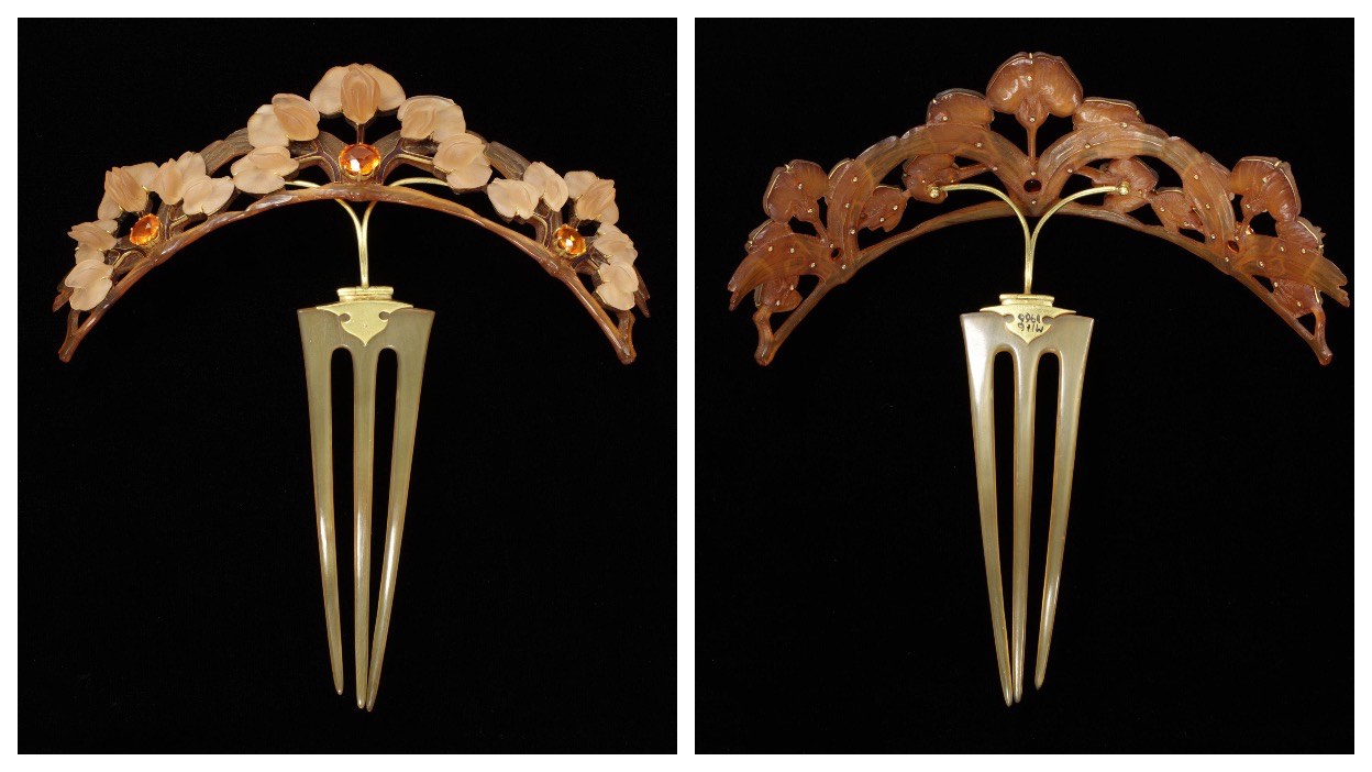 Solve Lalique Tiara Comb, Art Nouveau, Horn, Cast Glass,Enamelled Gold