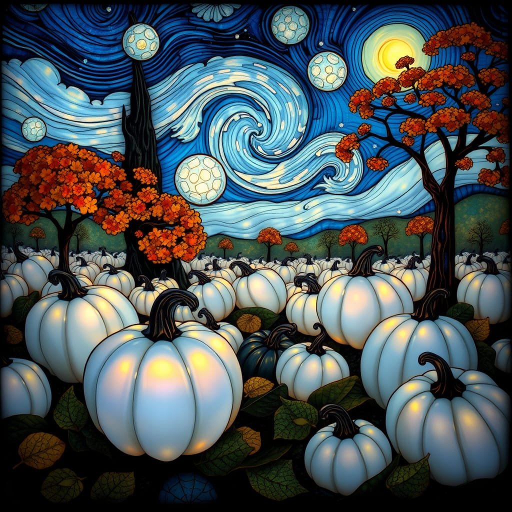 Solve Glowing Pumpkin Patch at Night jigsaw puzzle online with 81 pieces