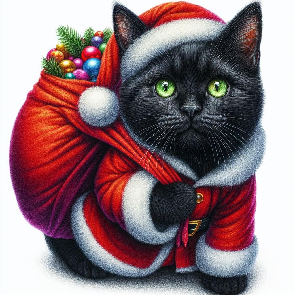 Solve black cat in a Santa suit ( medium-ink, style-hyperrealism