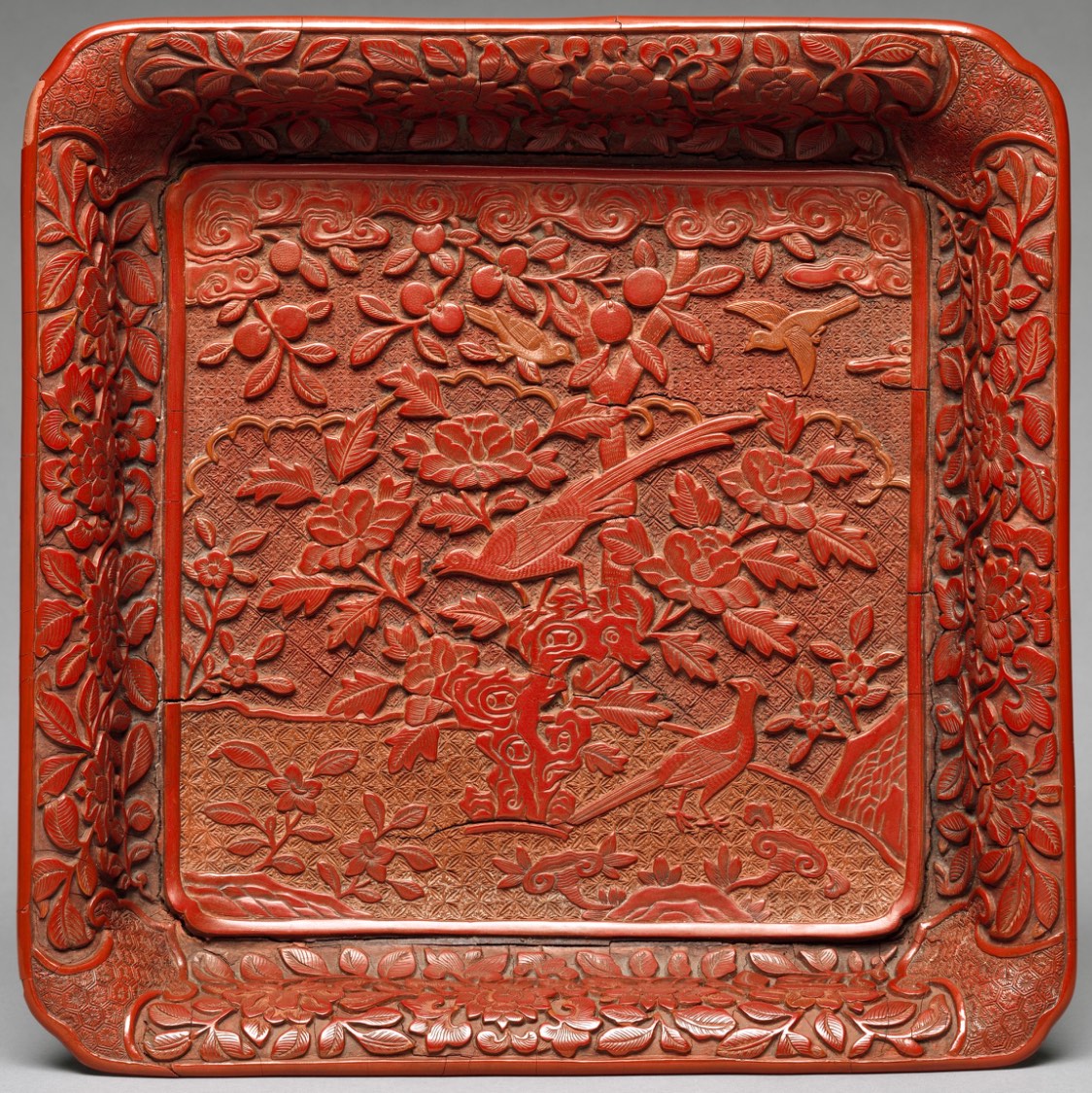 Solve 16th Century Tray, Carved Yellow and Red Lacquer, Featuring Birds