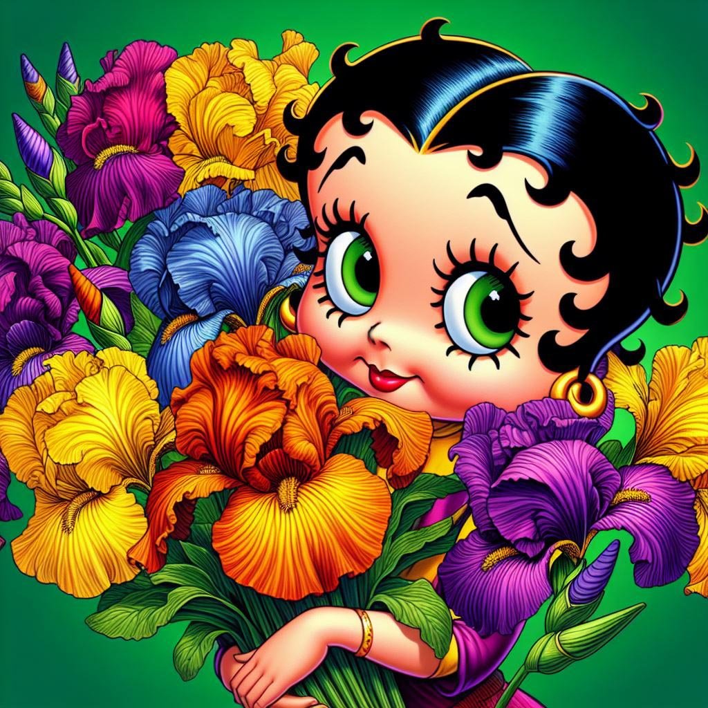 Solve Betty Boop with a bouquet of bearded iris flowers jigsaw puzzle ...