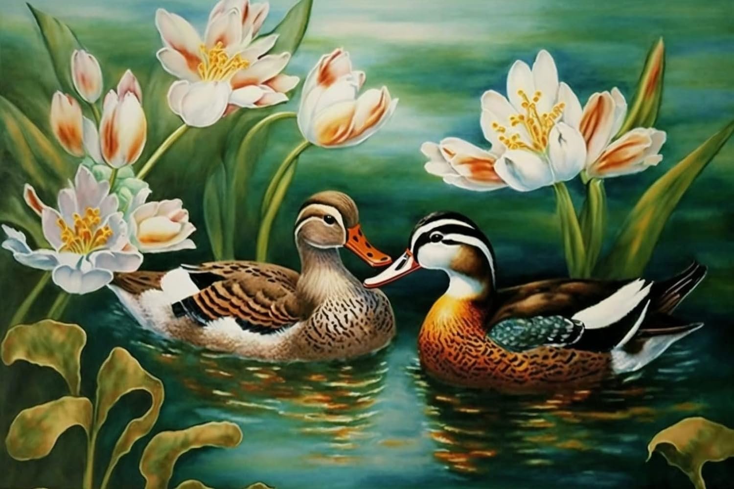 Solve Mandarin Ducks and Lilies jigsaw puzzle online with 216 pieces