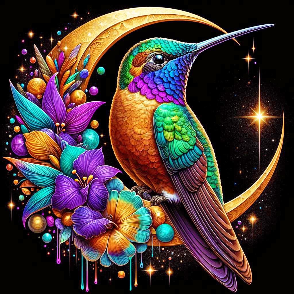 Solve hummingbird on a crescent moon jigsaw puzzle online with 49 pieces