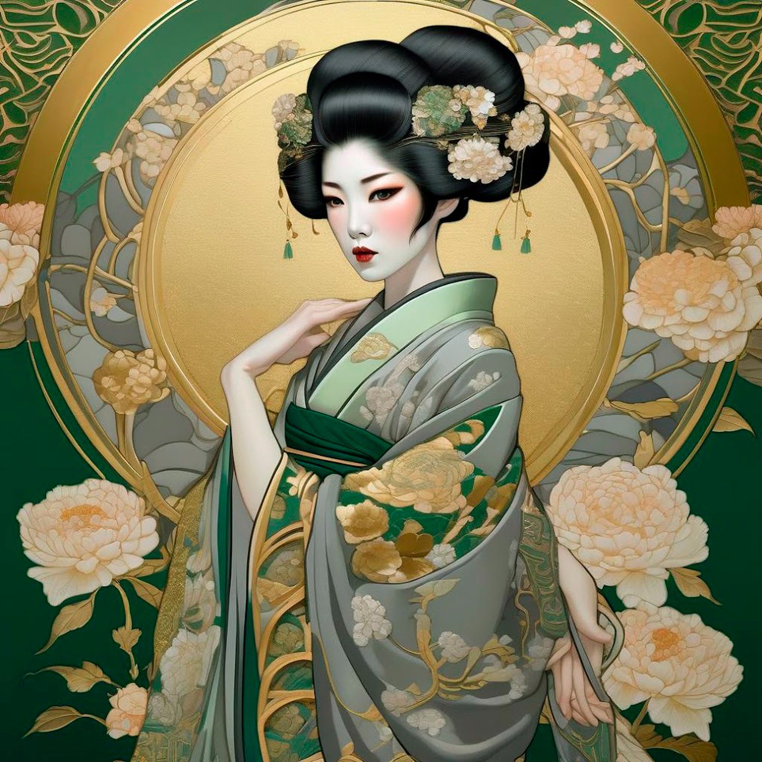 Gold Geisha Solve Geisha in grey, green and gold jigsaw puzzle online with 144 pieces