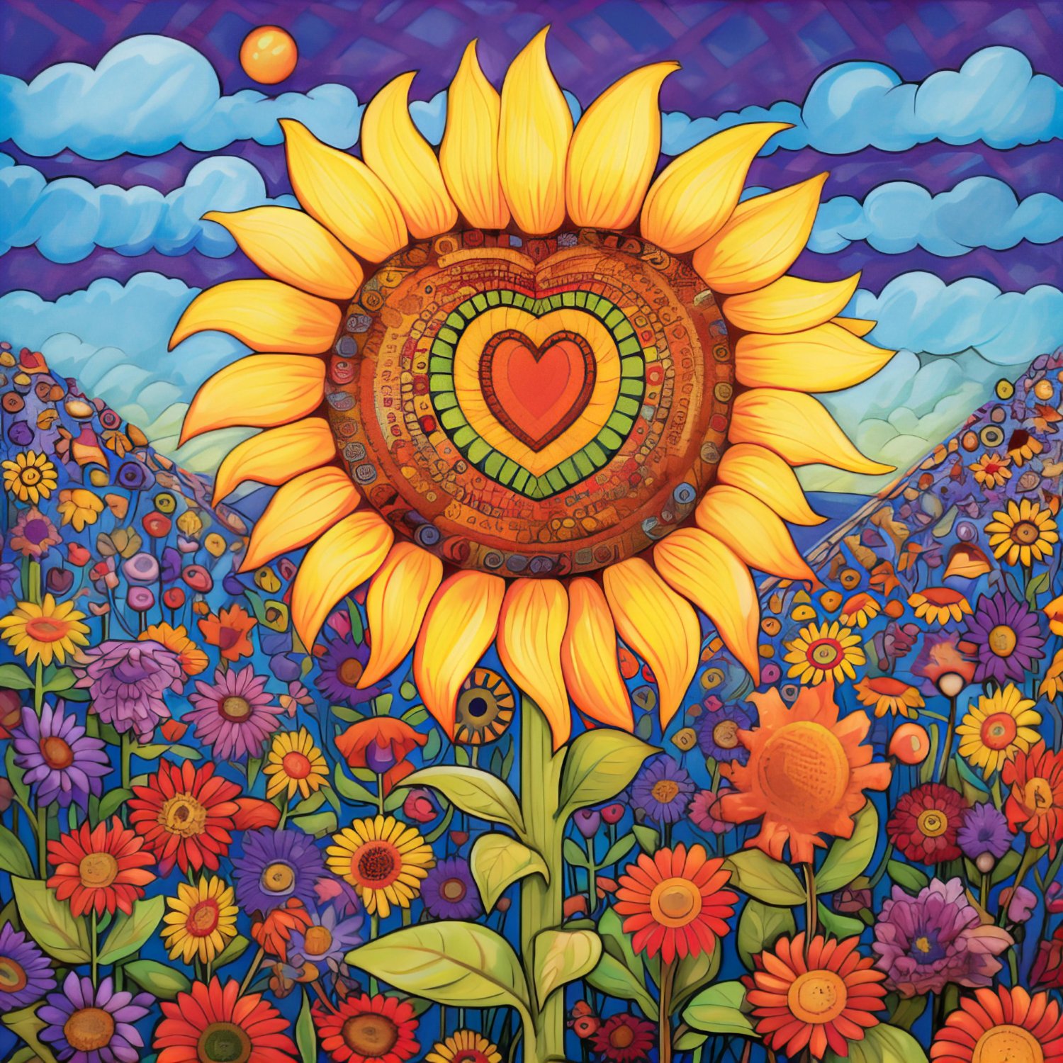 Solve psychedelic sunflower jigsaw puzzle online with 100 pieces