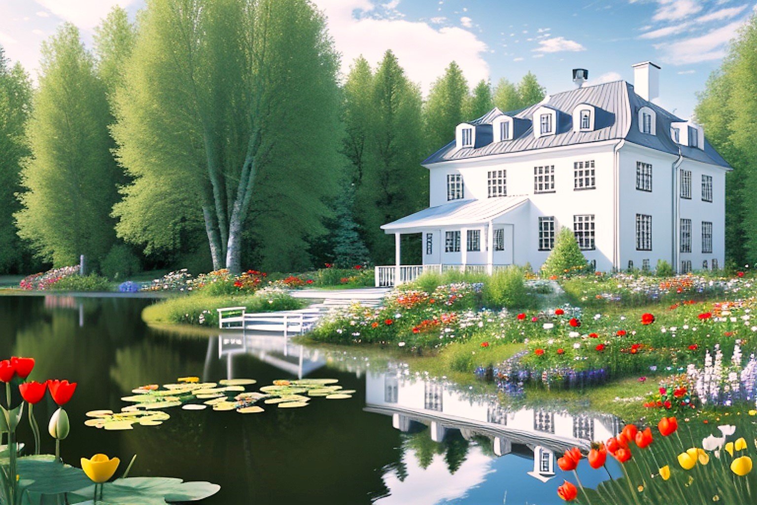 Solve Mansion on the Pond jigsaw puzzle online with 77 pieces