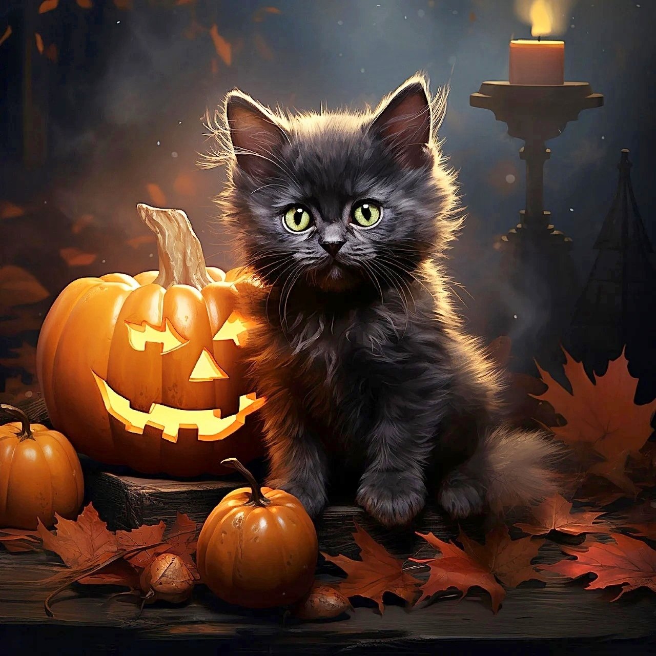 Solve Pumpkins and Black Kitten (resize 9 to 483 pieces) jigsaw puzzle ...