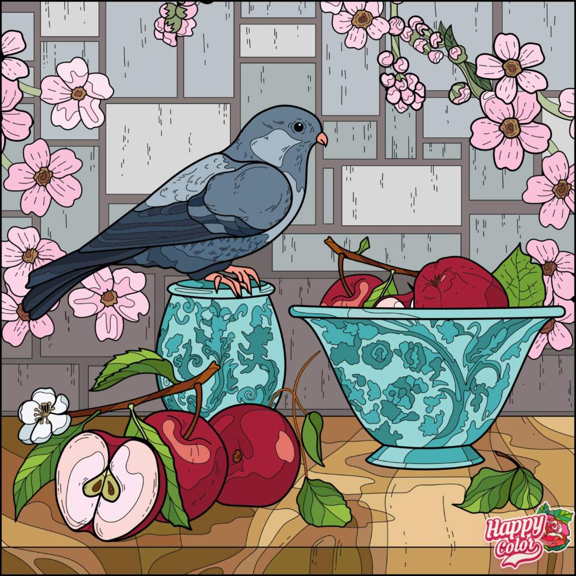 Solve Bird, Bowl, Blossoms, Fruit jigsaw puzzle online with 81 pieces