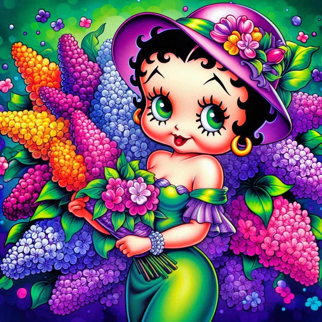Solve Betty Boop and her lilacs of many colors jigsaw puzzle online