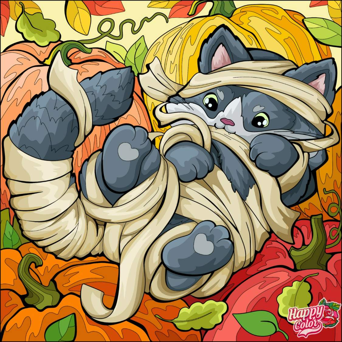 Solve Costume Kitten and Pumpkins jigsaw puzzle online with 64 pieces