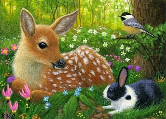 Jigsaw Puzzle | 48 pieces | Fawn, rabbit and chickadee. | Jigidi