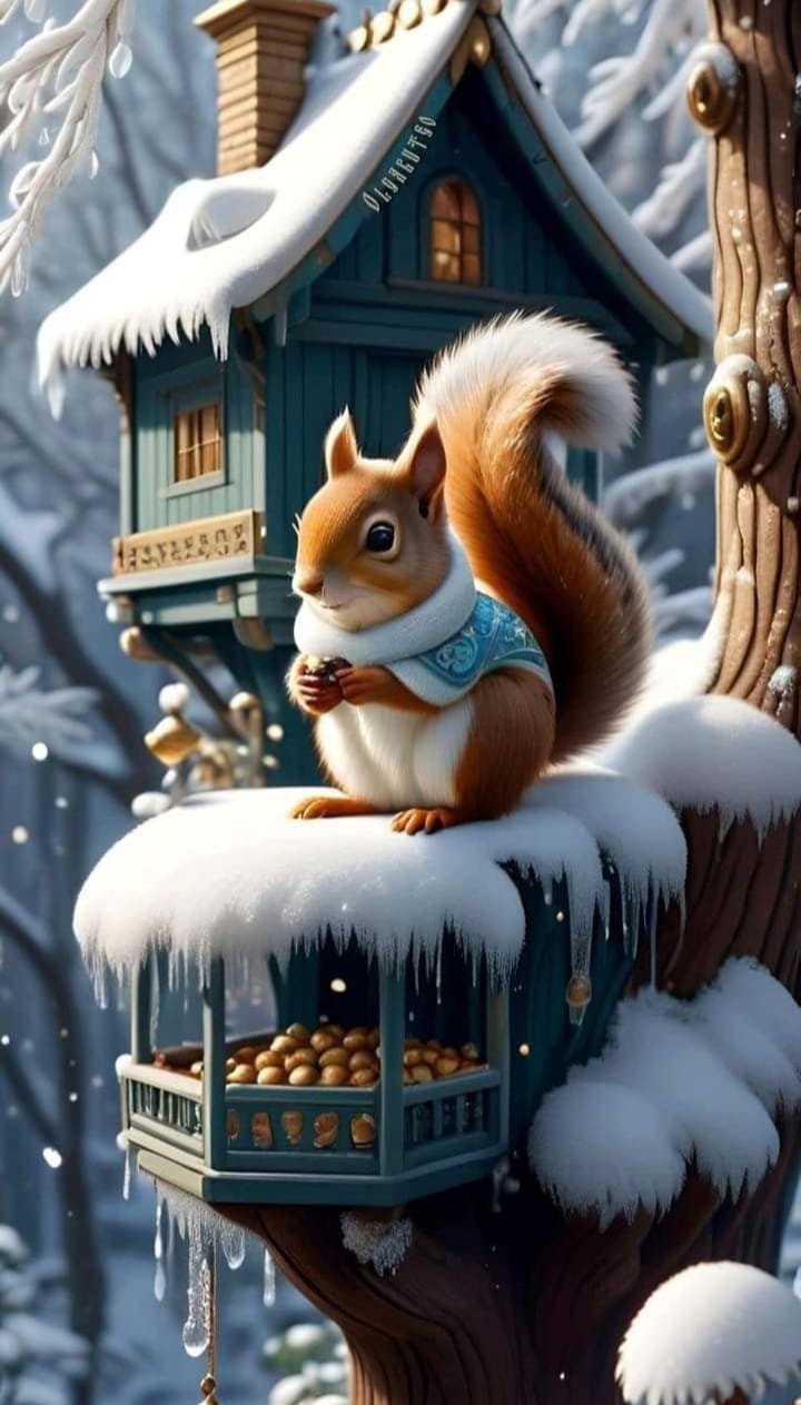 Solve Squirrel Bird Feeder Nuts from Beautiful Christmas FB jigsaw puzzle online with 66 pieces