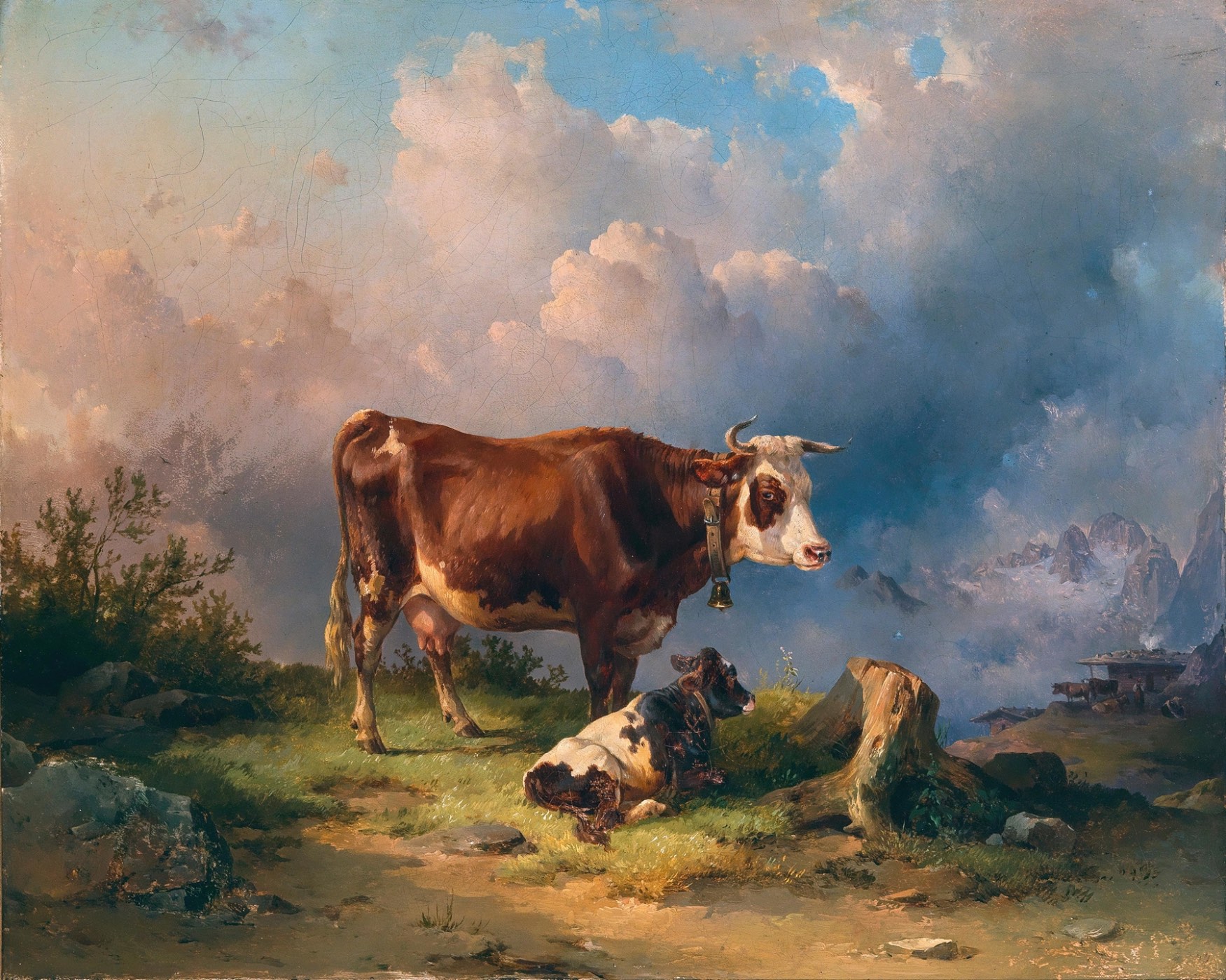 Solve A Cow with a Calf in an Alpine Pasture, in the Background the