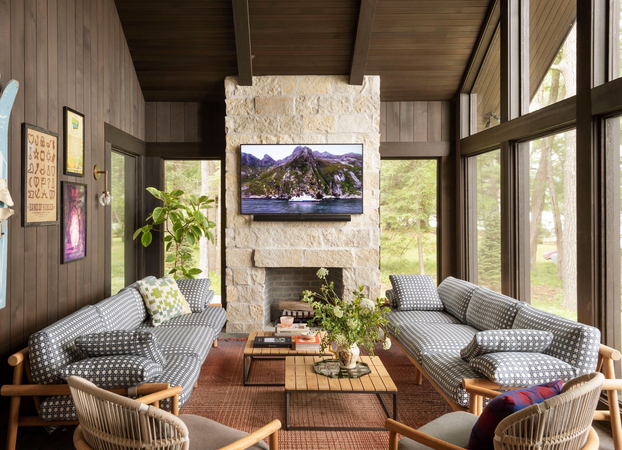 Solve A rustic yet modern living room with a central stone fireplace ...