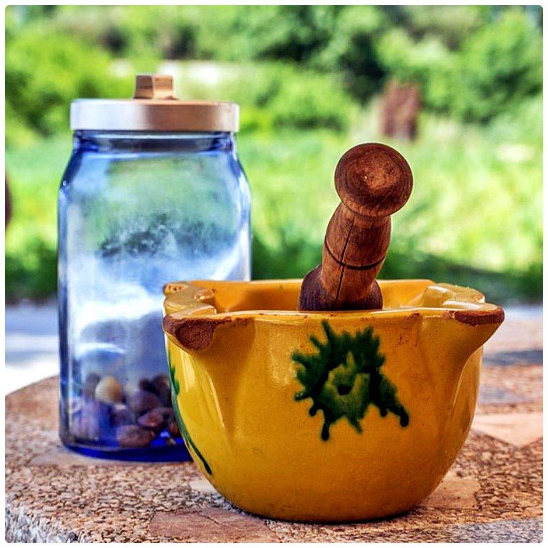 Solve Vintage Ceramic Mortar and Pestle with Blue Glass Storage Jar