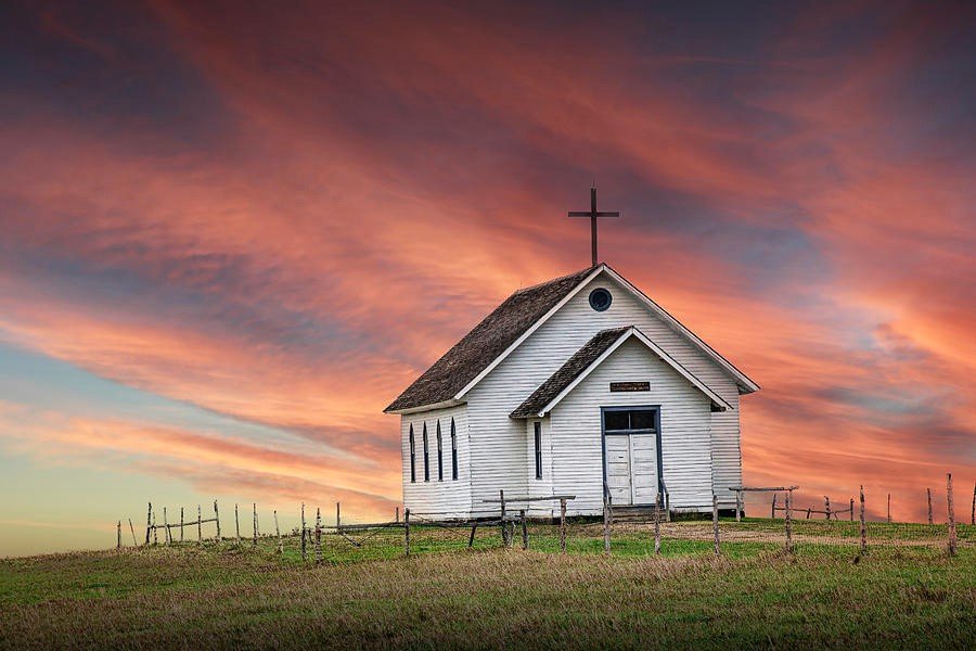 Solve Old Rural Country Church with Red Cloudy Sky Randal Nyhof jigsaw ...