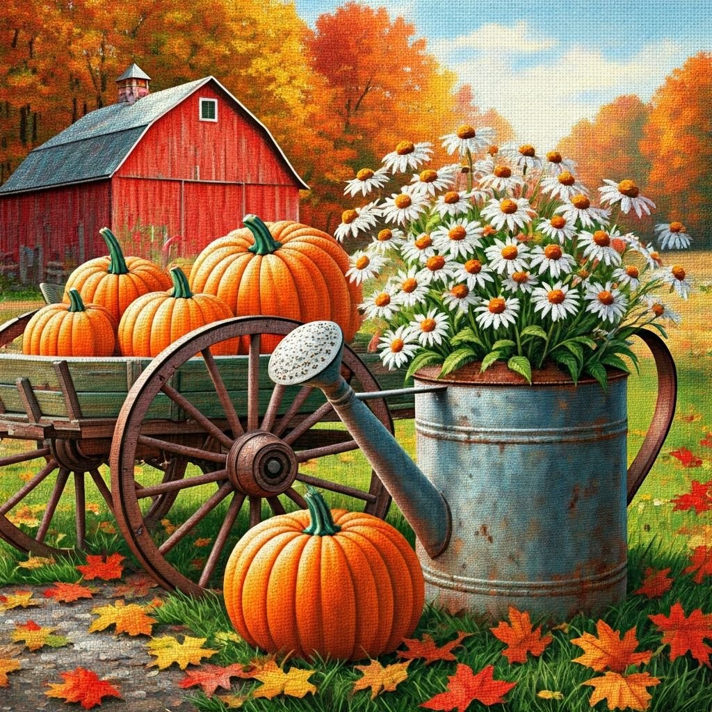 Solve Autumn Barn, Pumpkins & Daisies jigsaw puzzle online with 81 pieces