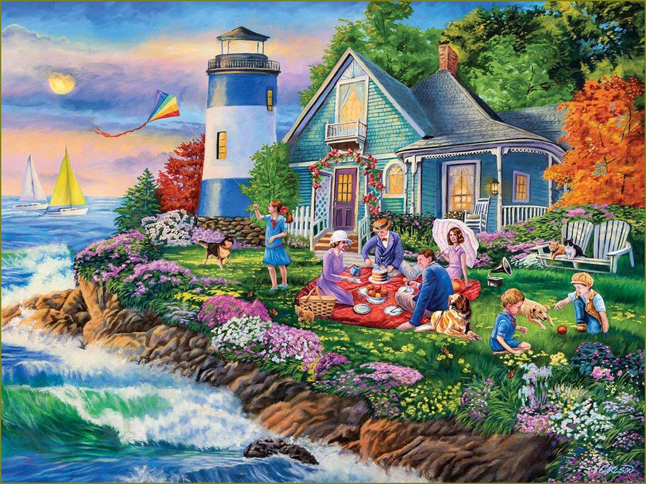 Solve Picnic at the Lighthouse jigsaw puzzle online with 252 pieces